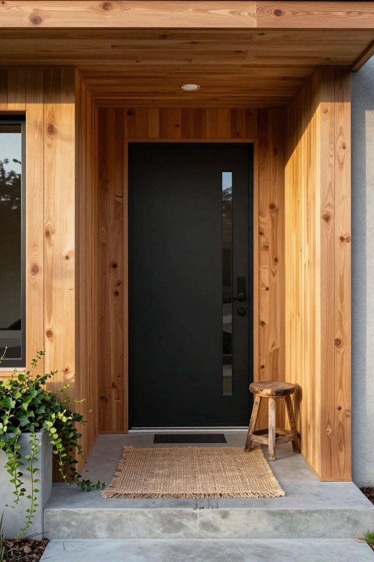 Modern house front entrance with vertical light wood cladding on walls and ceiling, black front door with narrow vertical glass panel and electronic lock, small wooden stool, potted ivy plant, seagrass doormat, and concrete steps.