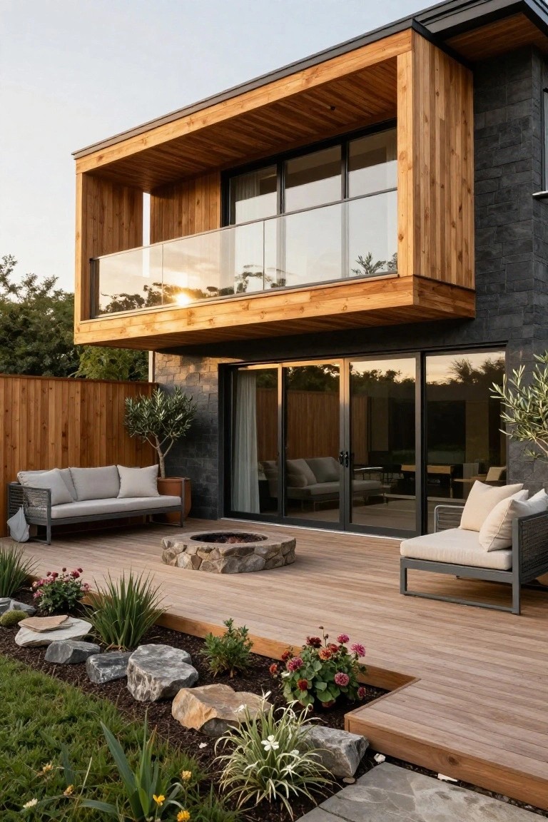 Modern two-story house exterior with black stone walls, prominent wooden balcony with glass railing, large sliding glass doors to a wooden deck featuring a fire pit, outdoor seating, and surrounding landscaping with rocks and plants.