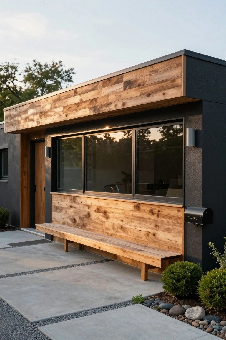 Modern house exterior with dark siding, horizontal light wood cladding on upper band and bench area, black-framed sliding windows, wooden door, integrated bench, concrete pathway with gravel accents, mailbox, and low shrubs.