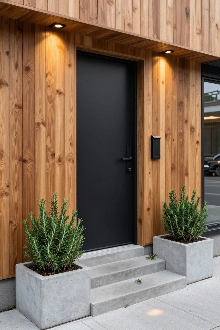 Modern house entrance with vertical cedar wood cladding, matte black front door, brass mailbox, recessed overhead lights, concrete steps, and matching concrete planters holding rosemary plants on a sidewalk.