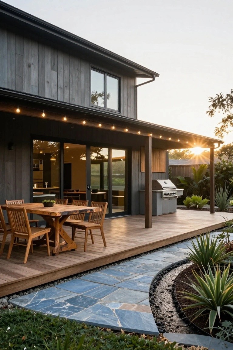 Side exterior of modern house with dark wood cladding and large sliding glass doors opening to a wooden deck with rectangular dining table, four chairs, potted plant centerpiece, stainless steel gas grill, string lights under the roof overhang, and blue stone path with agave plants in the yard at sunset.
