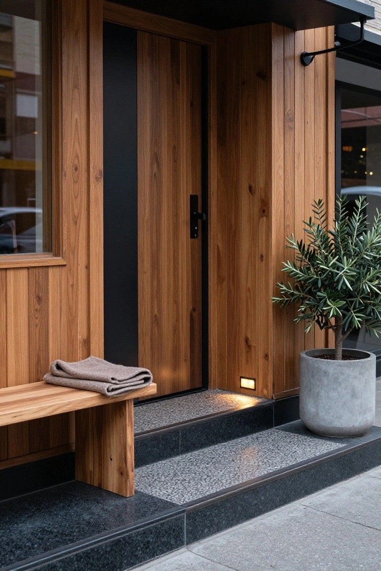 Modern house entrance with vertical wood cladding on walls and frame around a dark door, wooden bench holding a folded gray towel, large olive tree in gray pot, lit steps with pebble landing, and black trim on concrete base.
