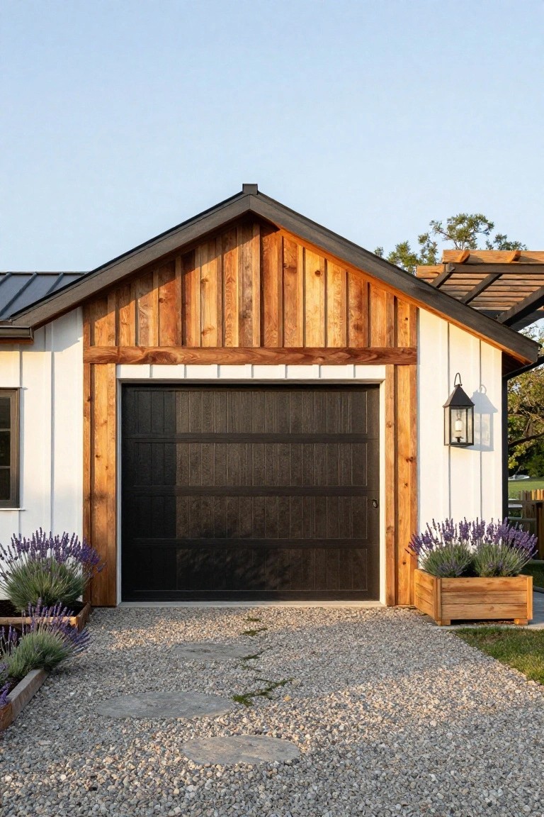 Modern garage with white board-and-batten siding, vertical tan wood plank accents and beams framing a dark paneled garage door, lantern light, lavender planters in wooden boxes, and gravel driveway with stone pavers.