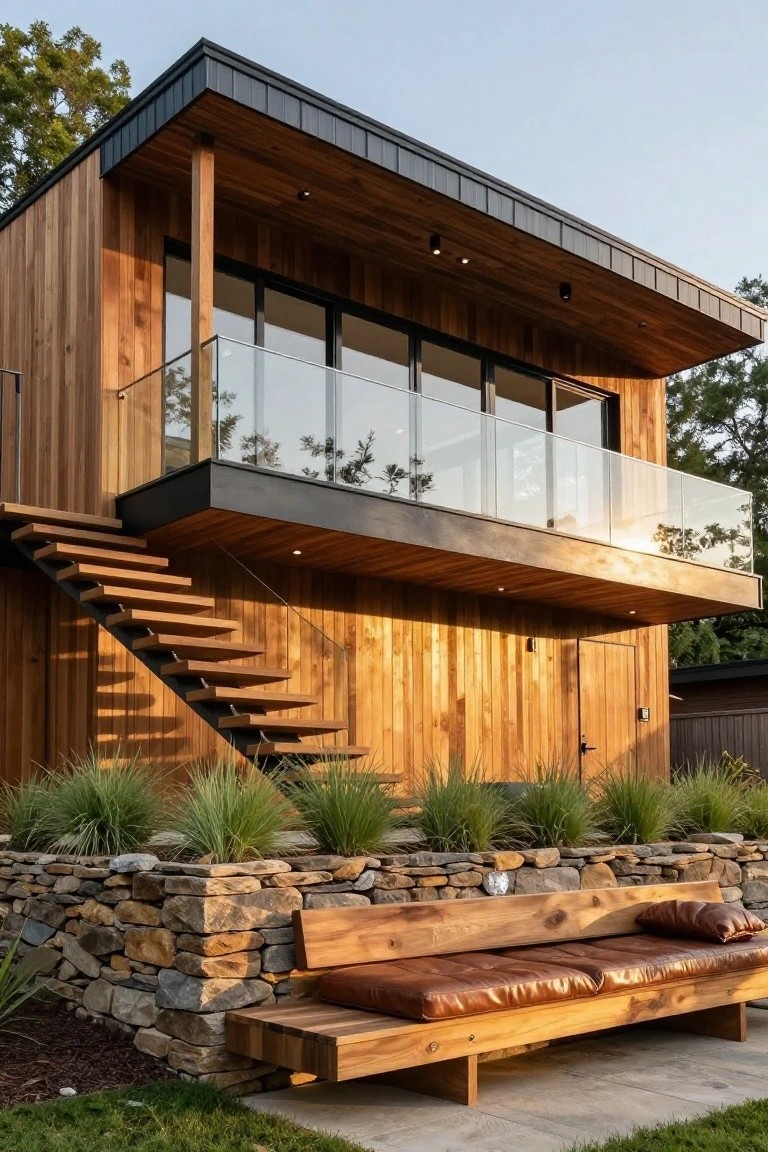Modern two-story house exterior with vertical wood cladding, black metal roof and balcony, glass railings, external wooden stairs, stone retaining wall topped with a wooden bench and cushions, ornamental grasses, and surrounding trees.