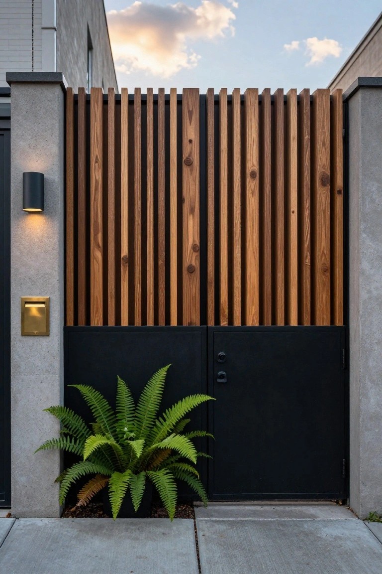 Modern entry gate and fence with vertical wood slats on concrete pillars, black metal double door, wall-mounted cylindrical lights, brass mail slot, and potted fern plant beside the gate on a concrete path.