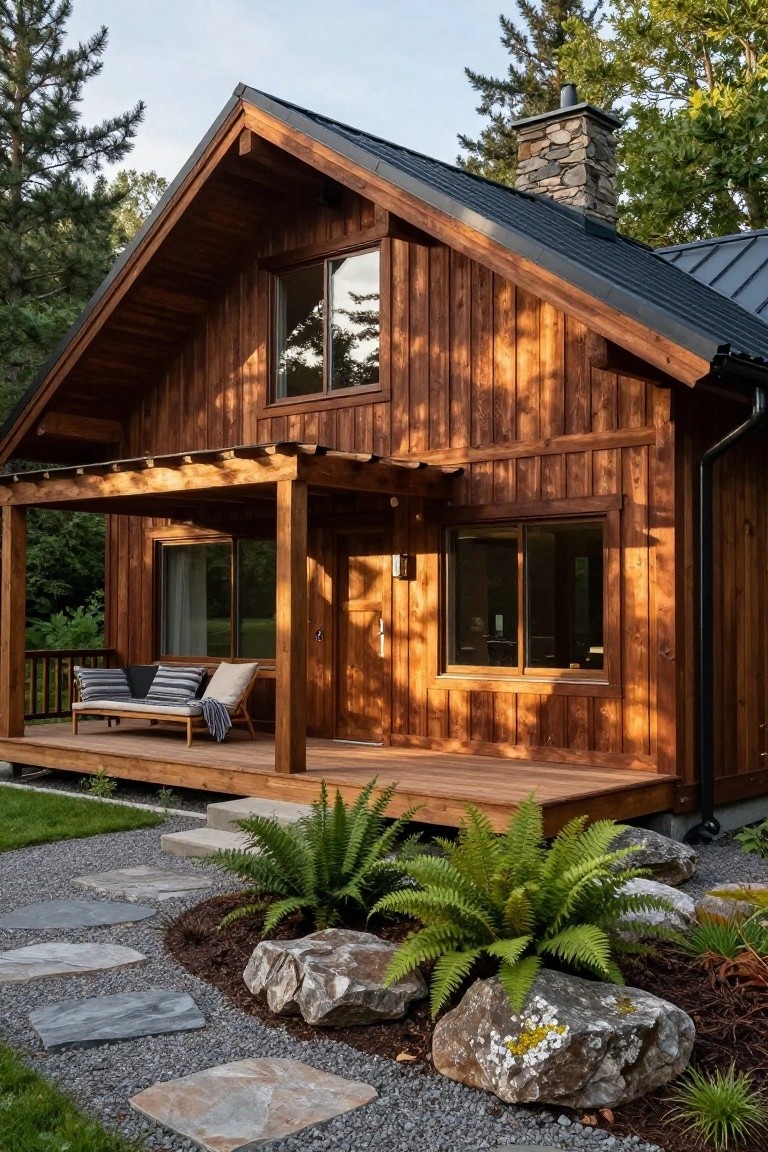 A wooden cabin house with dark metal gable roof, horizontal wood siding, covered front porch with wooden bench and cushions, large windows, stone chimney, and a stone path through gravel and ferns leading to the entry.