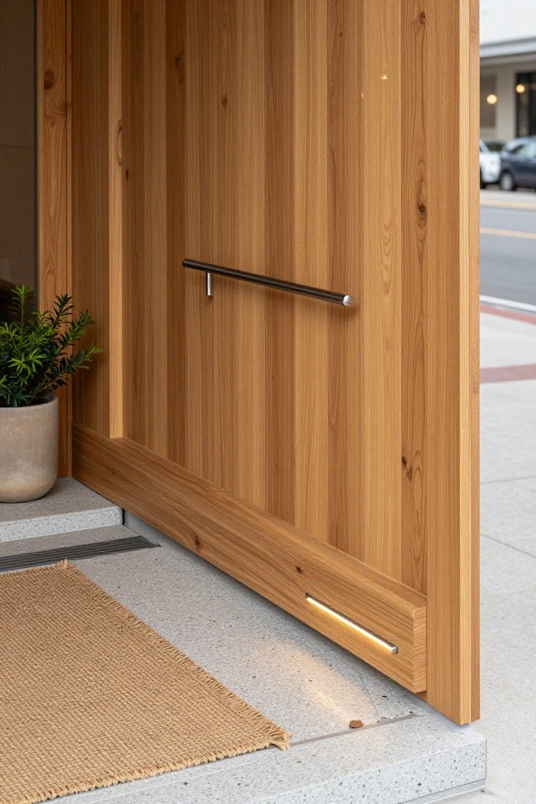 Close-up of an open wooden entry door framed by vertical light wood panels, with a horizontal metal handle, potted green plant, seagrass doormat, LED strip light along the base, and concrete steps leading to a street view.