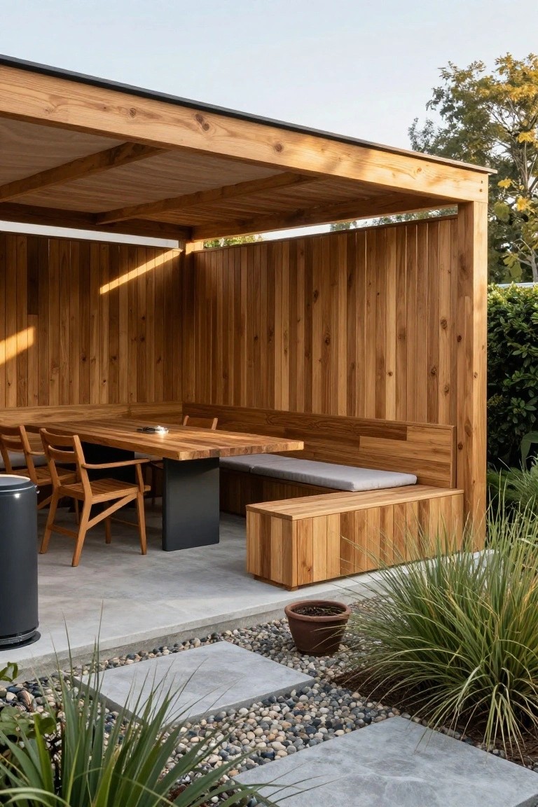Modern wooden pavilion with slatted walls and roof over a long rectangular dining table, wooden chairs, built-in bench with cushions, on a concrete patio with gravel paths and grasses nearby.