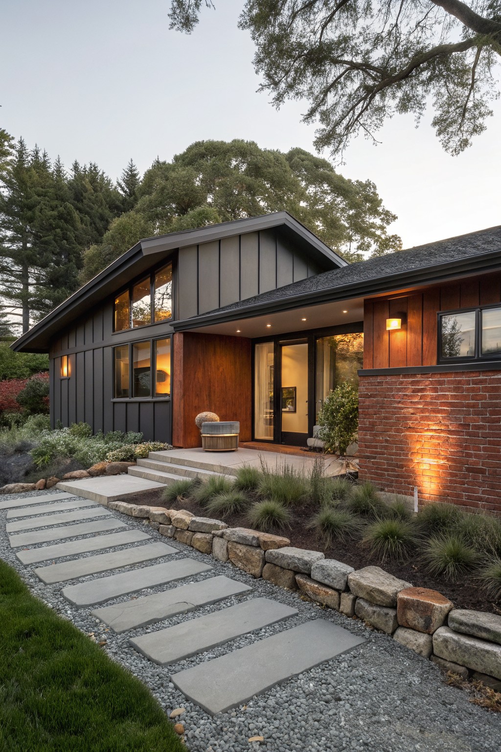 Contemporary house exterior with dark vertical siding, red brick accent wall beside a wooden entry with glass doors, warm exterior lighting, stone pathway, and surrounding grasses and rocks at dusk.