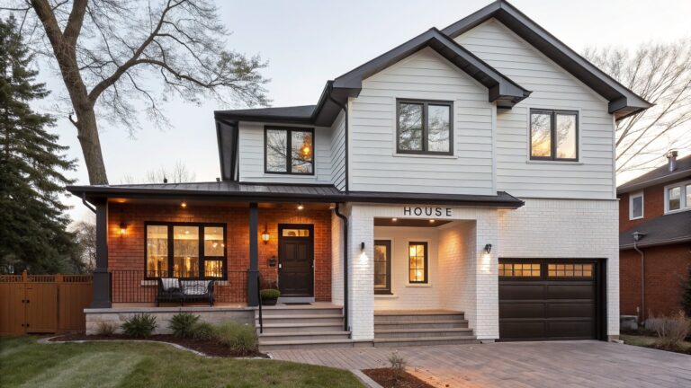 Two-story house with white board-and-batten siding, black trim and porch, wood front door, concrete steps with black railing, attached brick garage with wood door, paver driveway, and front landscaping at dusk next to a red brick neighbor house.