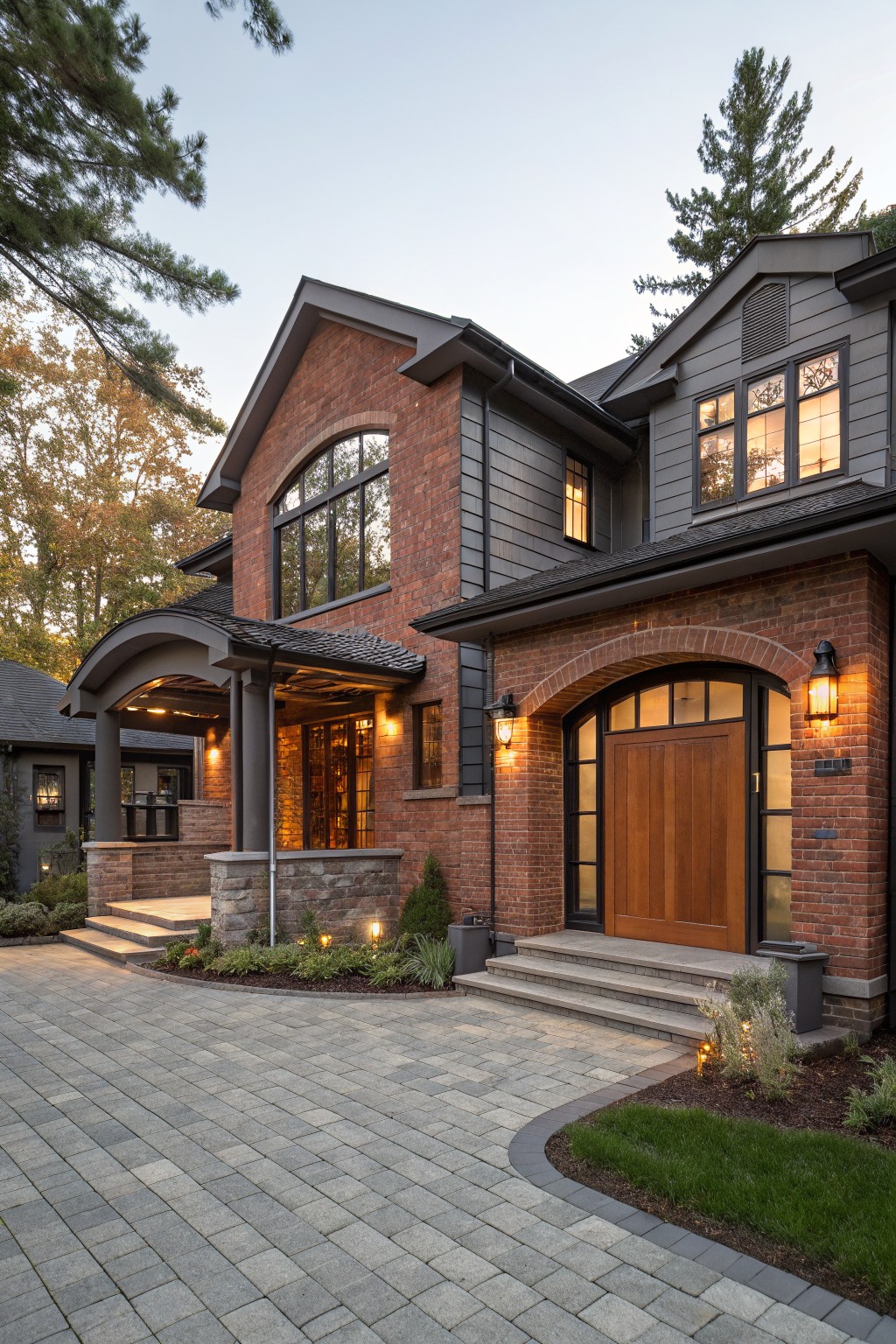 Two-story house exterior with red brick on the lower level and entryway arch, gray siding on the upper level, wooden front door, covered porch, stone accents, paver driveway, landscaping, and evening lighting.