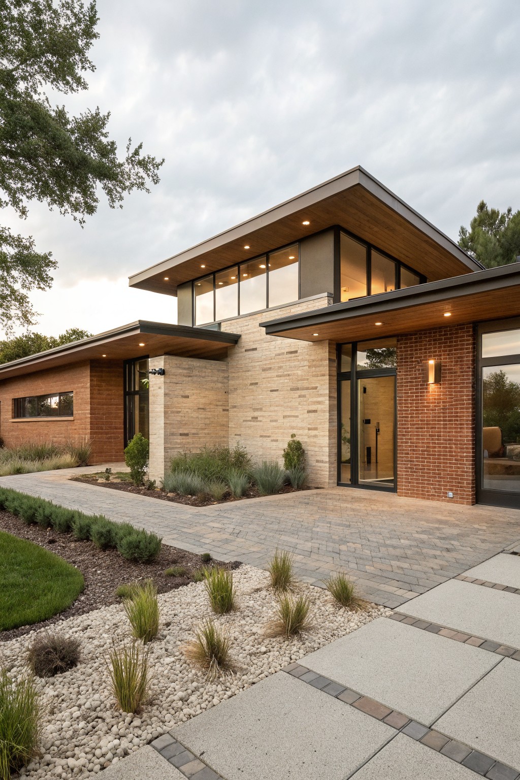 Modern house exterior with red brick lower walls and entry area, light beige stone siding on upper sections, cantilevered wood roof with recessed lights, large glass windows and door, and gravel landscaping with grasses along the paver pathway.
