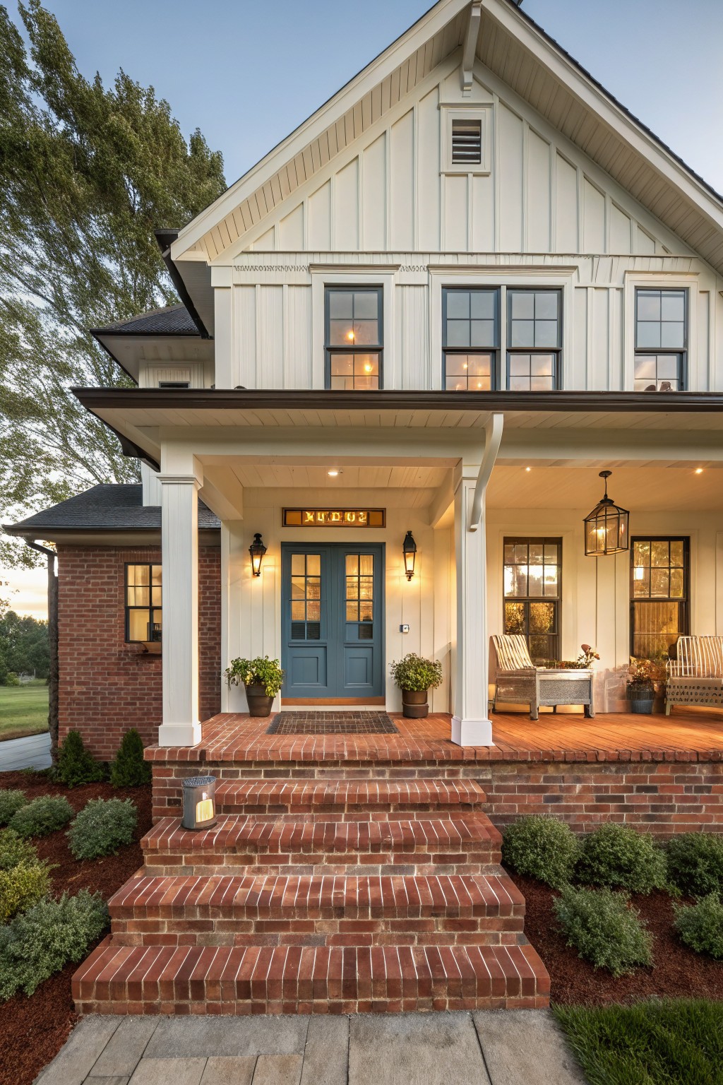 Red Brick Base with White Vertical Siding