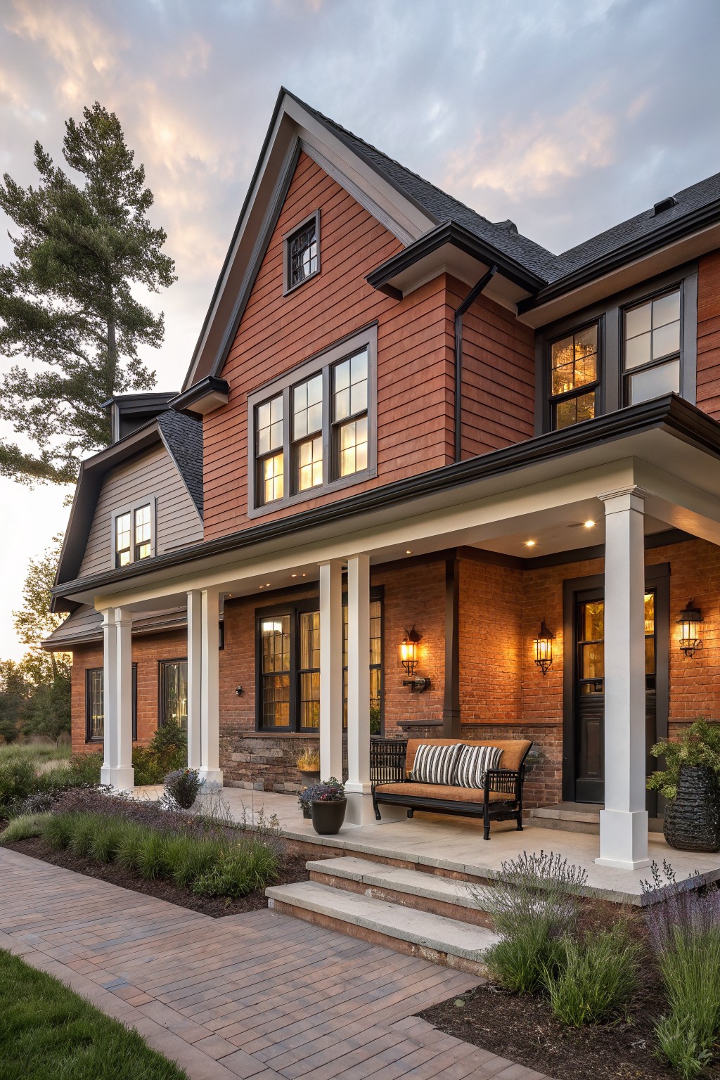 Two-story house exterior with red brick base and chimney, horizontal wood siding on upper levels, covered front porch supported by white columns, bench on porch, lanterns, landscaping beds, brick pathway, and tall pine tree at dusk.