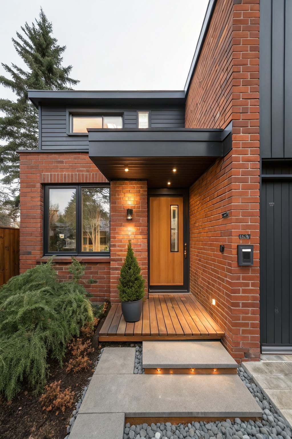 Modern house exterior with red brick lower walls, charcoal gray siding on upper sections and garage, wooden front door under black overhang, wood deck steps, concrete path with pebbles, and small shrubs.