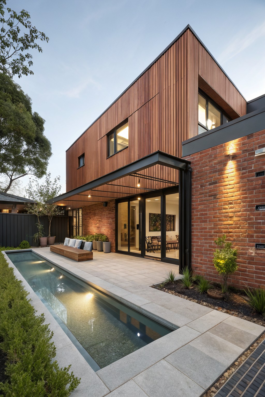 Two-story modern house exterior with red brick lower walls, vertical timber cladding on upper sections, black metal cantilevered awning over glass sliding doors to a patio, wooden bench seat, narrow reflecting pool, potted plants, and surrounding landscaping at dusk.