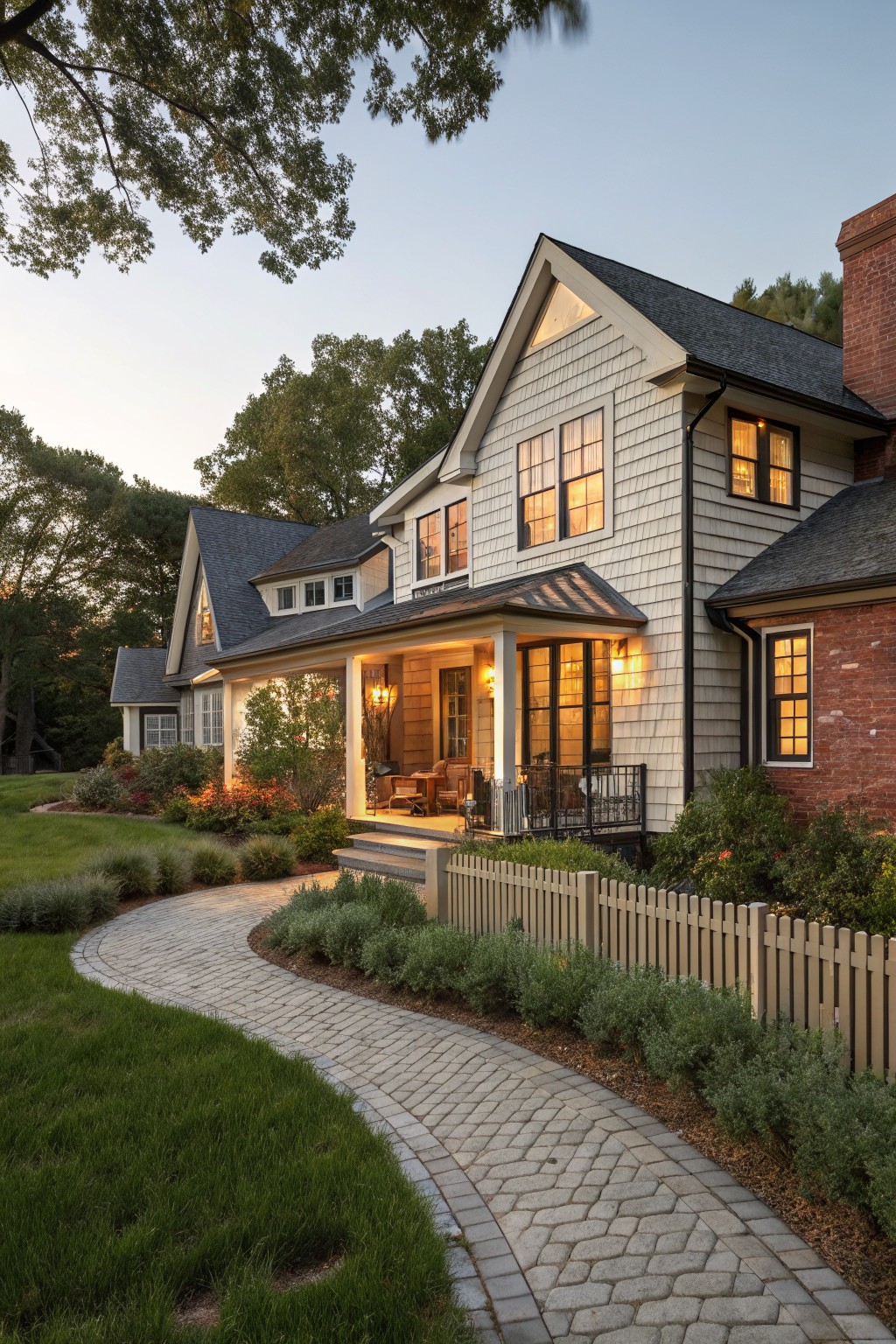 Evening photograph of a two-story shingle-style house with light gray siding, dark shingled roof, red brick chimney and side section, covered front porch with lanterns and seating, white picket fence, curved brick walkway, and landscaped yard with shrubs and trees.