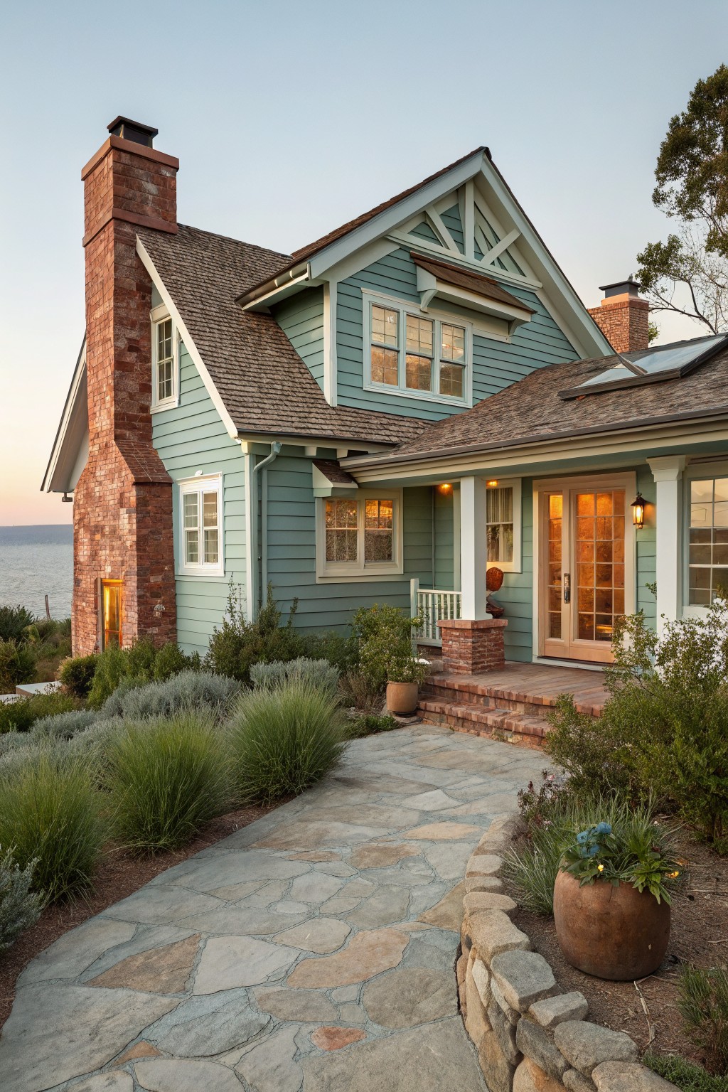 Teal clapboard house exterior with red brick chimney, shingle roof, front porch with glass doors, brick steps, stone pathway, potted plants, and shrubs beside a waterfront at dusk.
