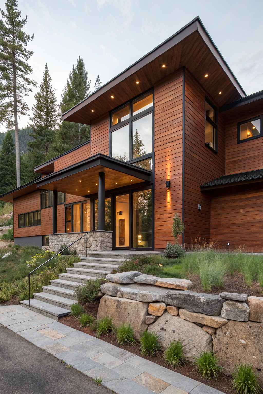 Modern multi-story house with vertical brown wood siding, black-framed windows, cantilevered roof over entry porch, concrete steps with metal railing, stone retaining wall, low plants, and surrounding pine trees on a sloped site.