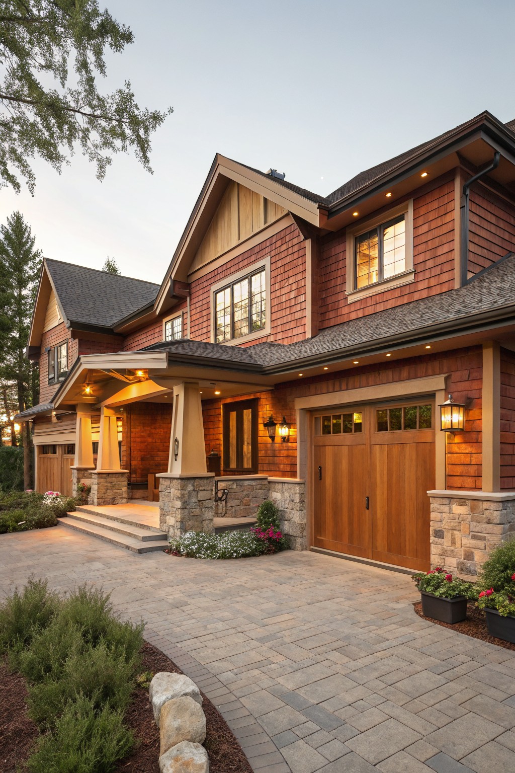 Two-story house exterior with reddish shingle siding, wooden paneled garage doors, stone pillars at covered entry porch, paver driveway curving from street, plants and rocks along edges at dusk.