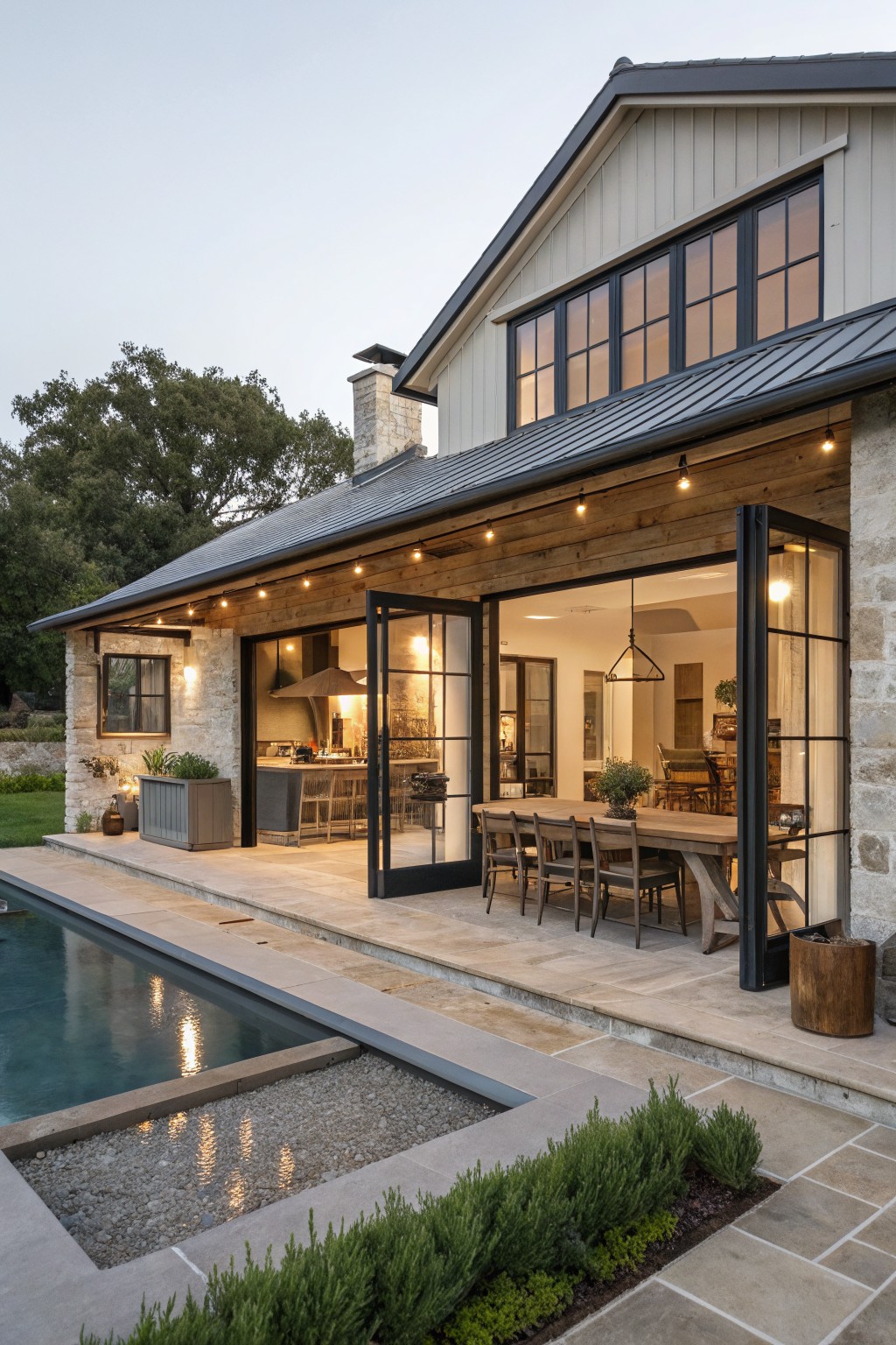 Rear exterior of a transitional farmhouse home with stone walls and wood siding, featuring large open bi-fold glass doors from kitchen to covered patio with dining table, chairs, wood beams, string lights, and adjacent infinity-edge pool with gravel surround and boxwood edging.