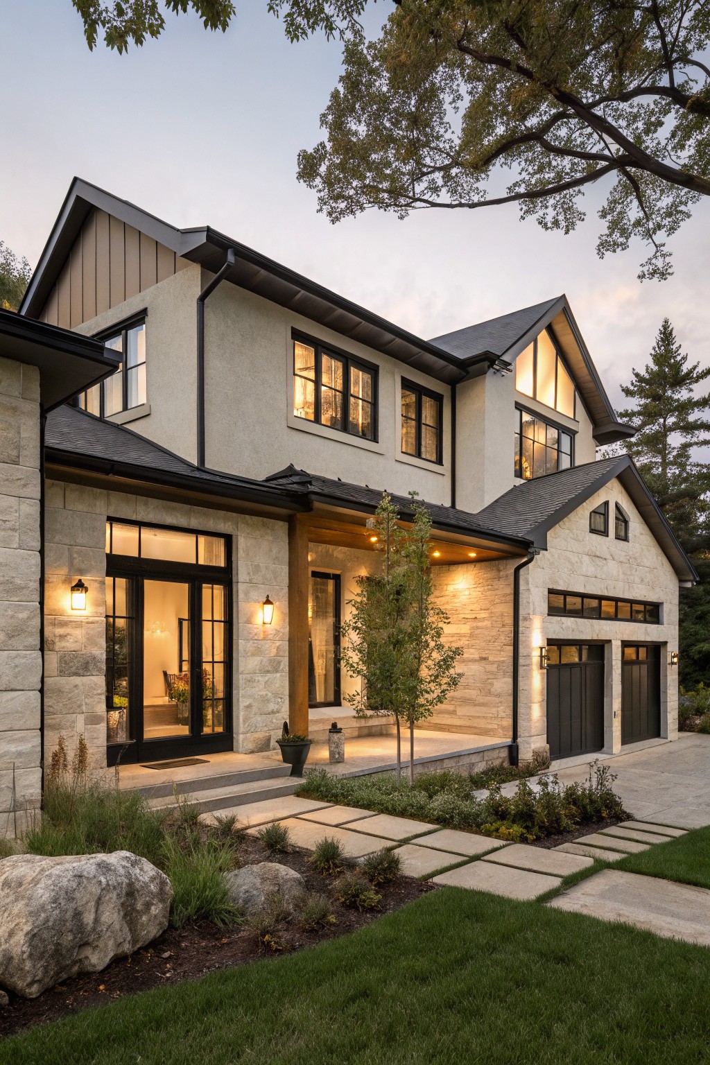 Two-story house exterior with beige stucco walls, light stone base on the left side, wood siding on gabled roof peaks, black windows and doors, covered entry porch, double garage, and front landscaping at dusk.