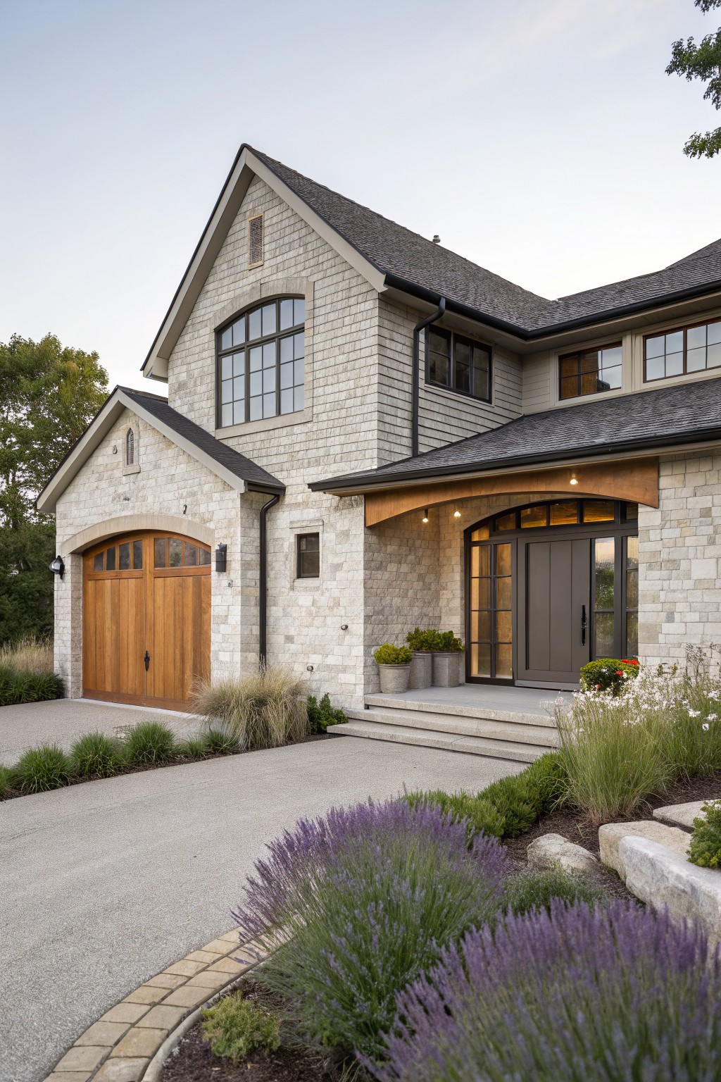 Stone-and-shingle house with wooden garage door and landscaped front yard.