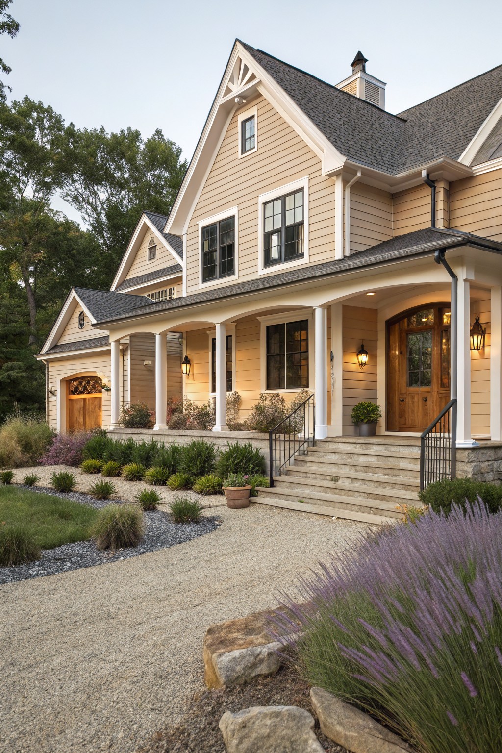 Beige clapboard two-story house with dark shingle gable roof, white-trimmed covered front porch supported by round columns, arched wooden entry door with glass panels, side garage, gravel path, and low shrubs with lavender.
