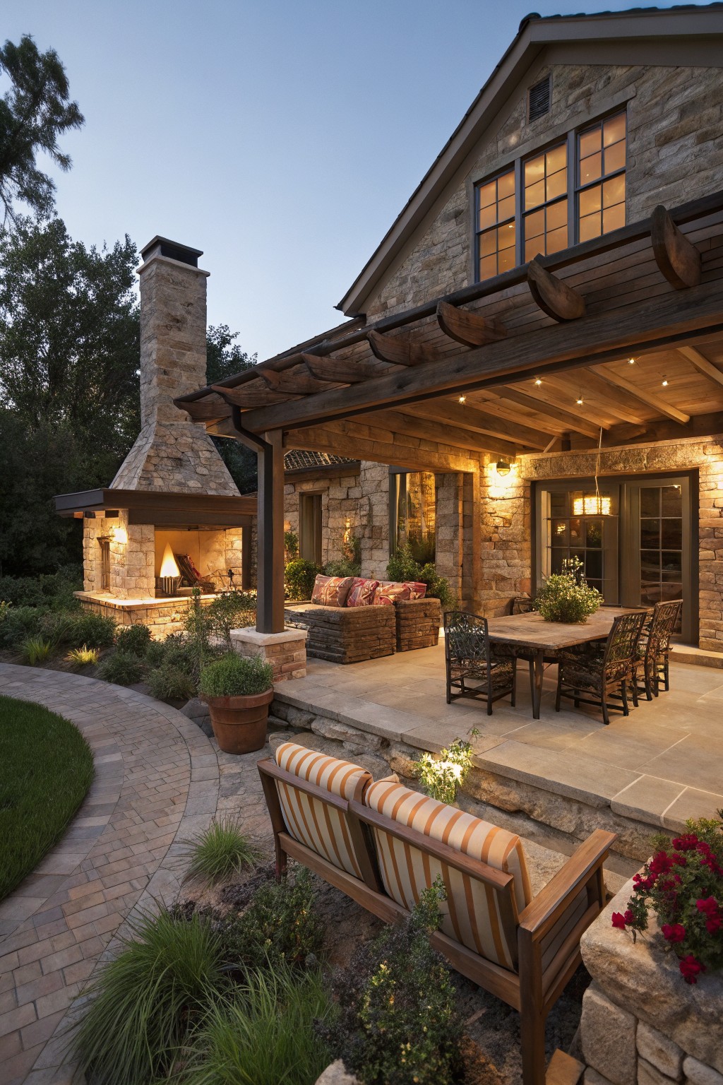 Stone house exterior at dusk with covered wooden porch featuring lit outdoor stone fireplace, wooden dining table with wicker chairs, striped cushioned bench, potted plants, pathway, and surrounding landscaping.