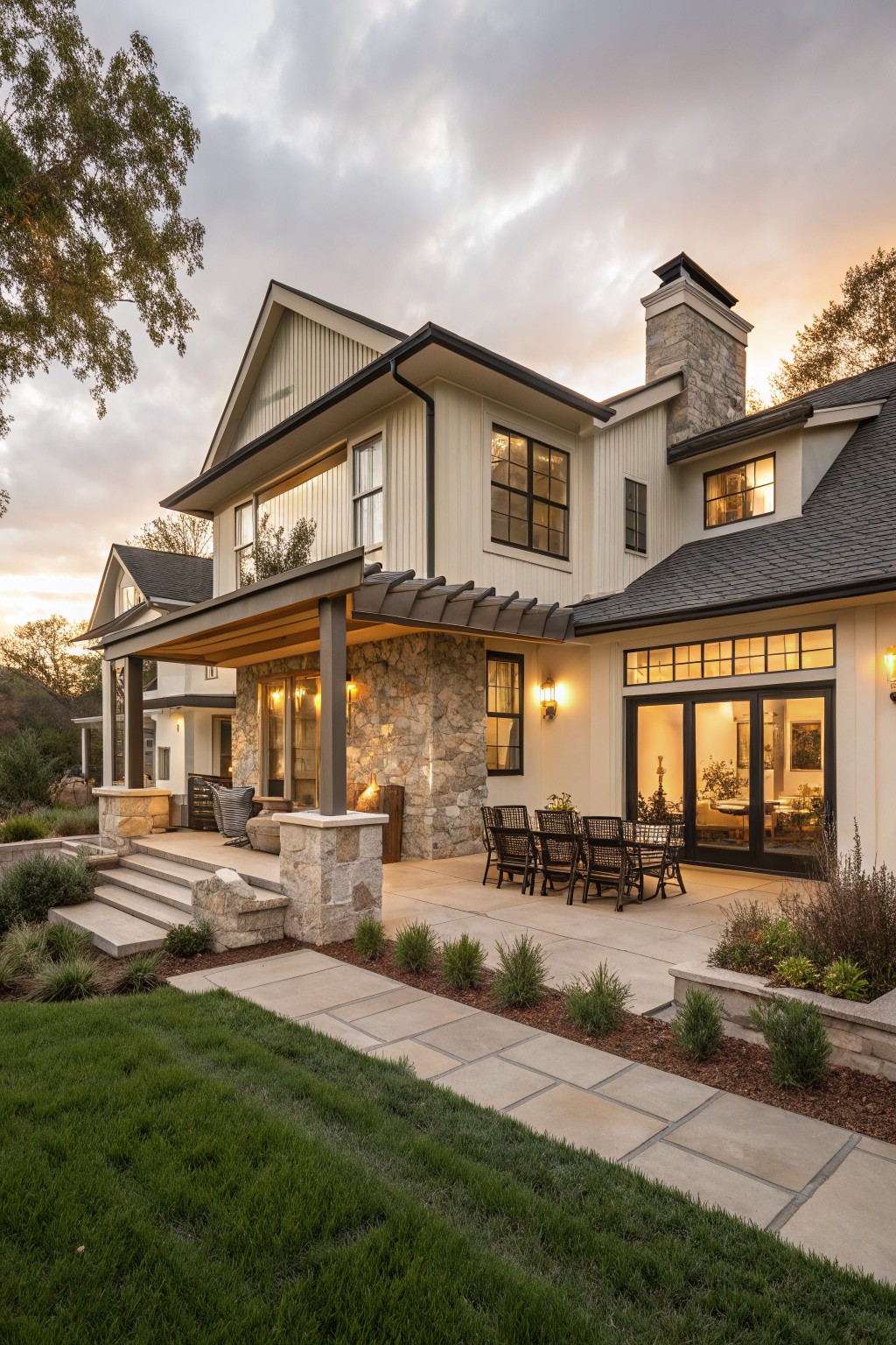 Side exterior view of a two-story house with light board-and-batten siding, a covered porch supported by stone pillars over a rectangular paver patio with wicker dining chairs and table, stone steps leading up, adjacent lawn and plant beds at dusk.