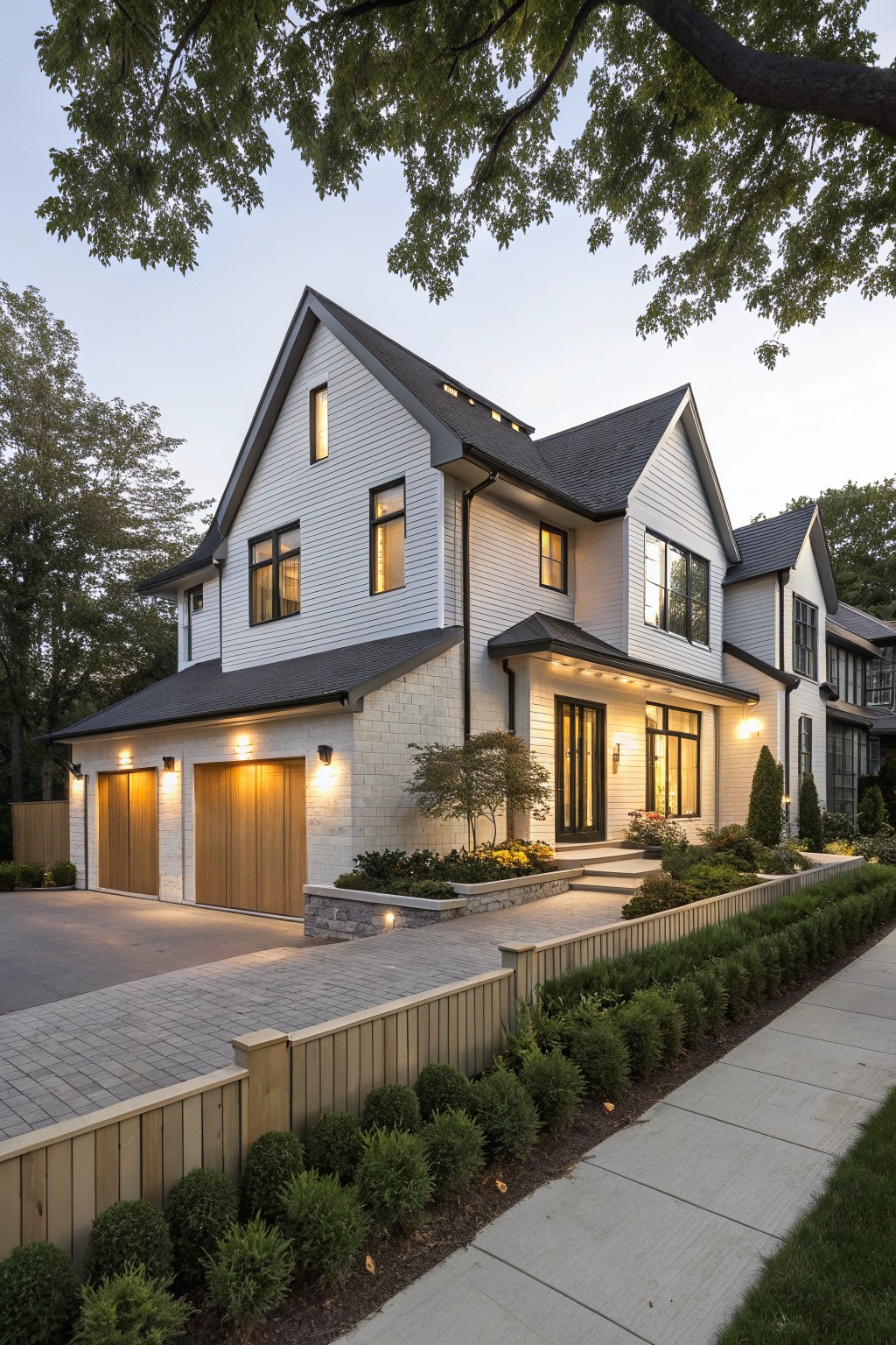 A two-story modern farmhouse exterior with white siding, black-framed windows, dark roof, wooden garage doors, brick accents at the base, and boxwood hedges along the front walkway at dusk.