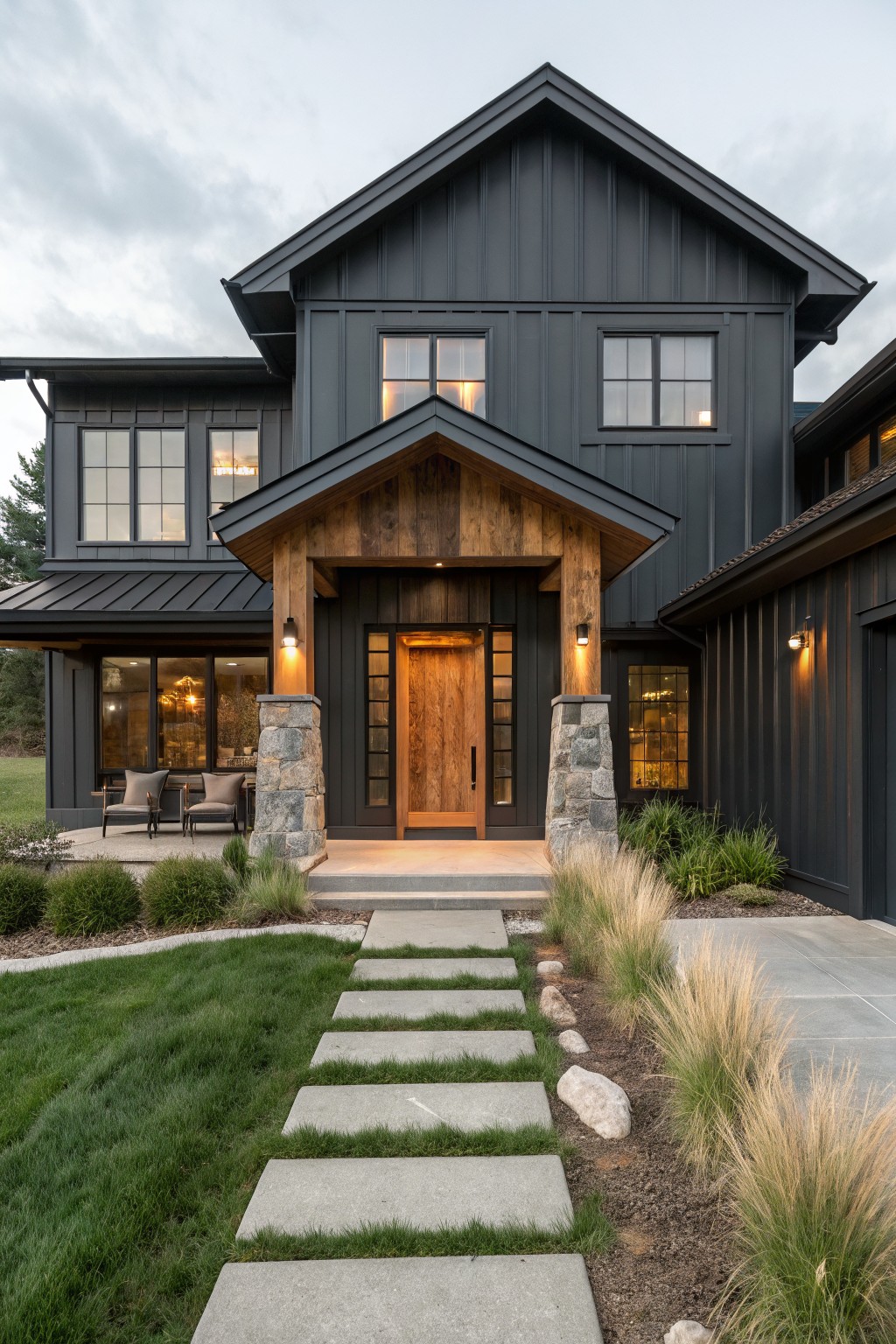 Two-story house exterior with black corrugated metal siding, gabled entry porch supported by timber beams and stone pillars, wooden front door, wall-mounted lights, covered porch with seating, and concrete stepping stone path through lawn edged by ornamental grasses and rocks.