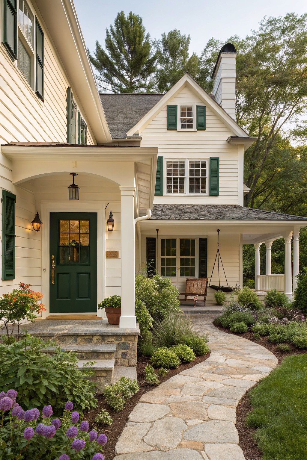 White clapboard house exterior with green shutters, green front door under a covered porch with hanging swing, stone steps, and curved flagstone path through garden beds.