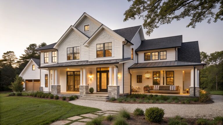 White board-and-batten farmhouse exterior with black roof and trim, deep covered front porch featuring wooden entry door, hanging lanterns, cushioned benches on stone bases, gravel path, and low plantings at dusk.