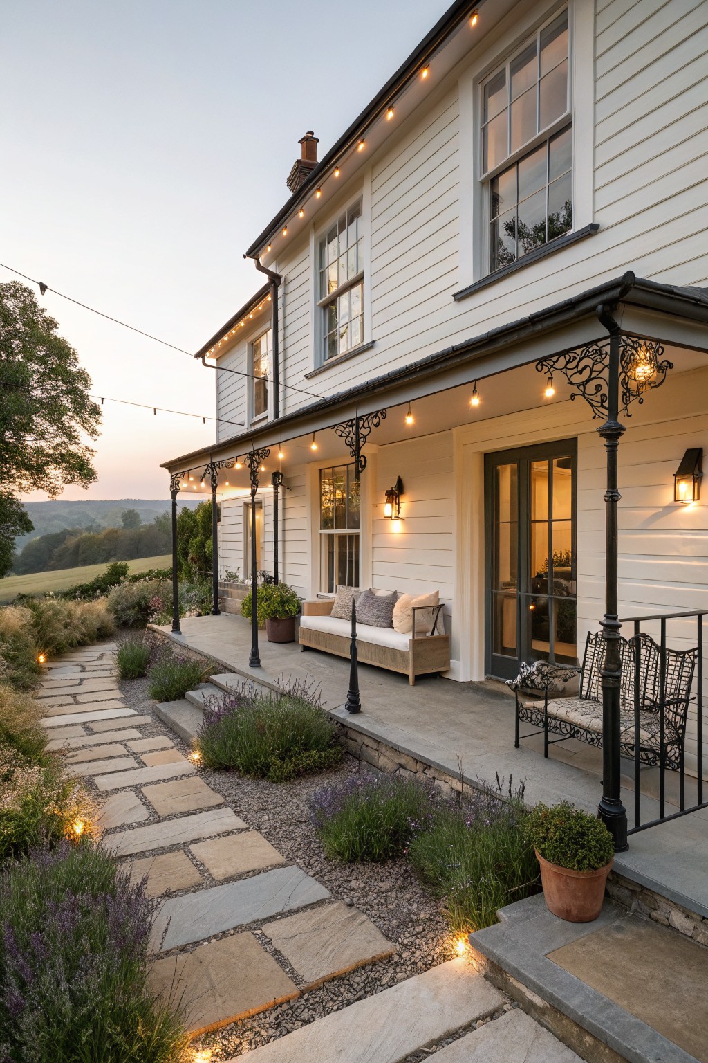 White clapboard house exterior at dusk with covered porch featuring black cast iron posts and railings, string lights along the roofline and porch edge, stone slab pathway lined with lavender plants leading to the porch, and hillside landscape in background.