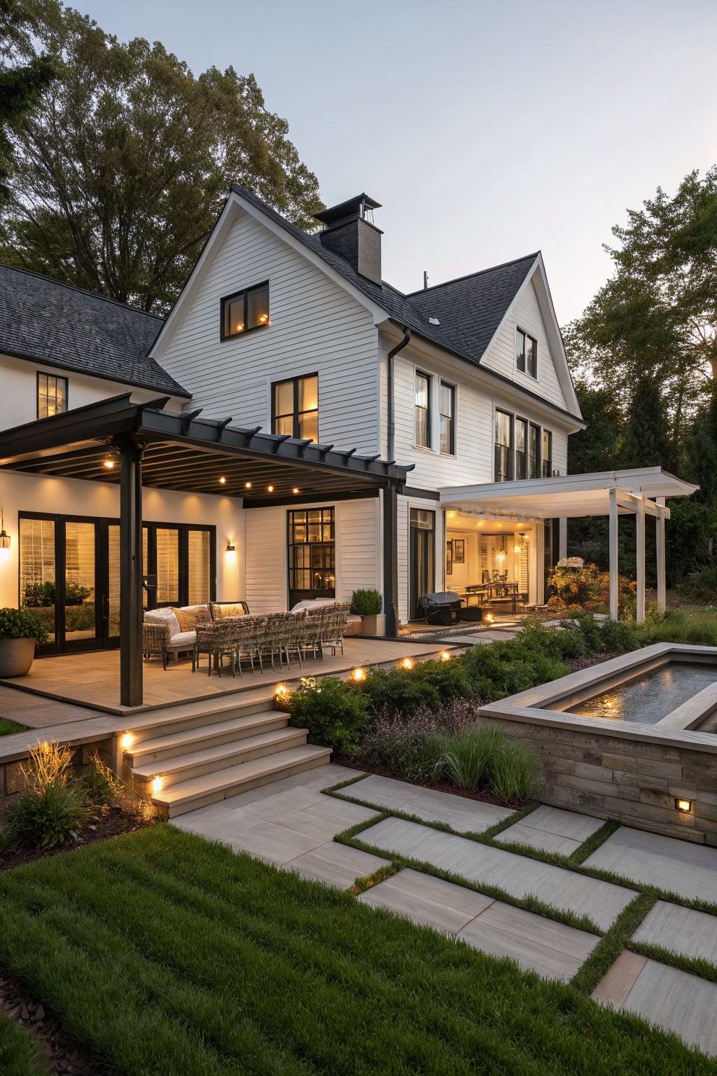 White clapboard house with black metal pergola over patio featuring wicker dining furniture, steps with lighting leading to concrete pavers, plants, and shallow rectangular water feature in landscaped yard at dusk.