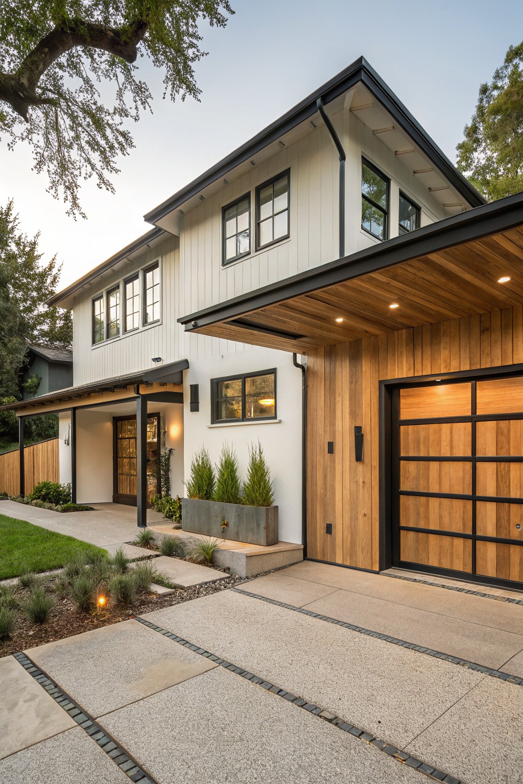 Two-story modern transitional farmhouse exterior featuring white shiplap siding, black metal roof and window frames, wooden garage door and cantilevered entry canopy, concrete paver driveway, and low plantings.