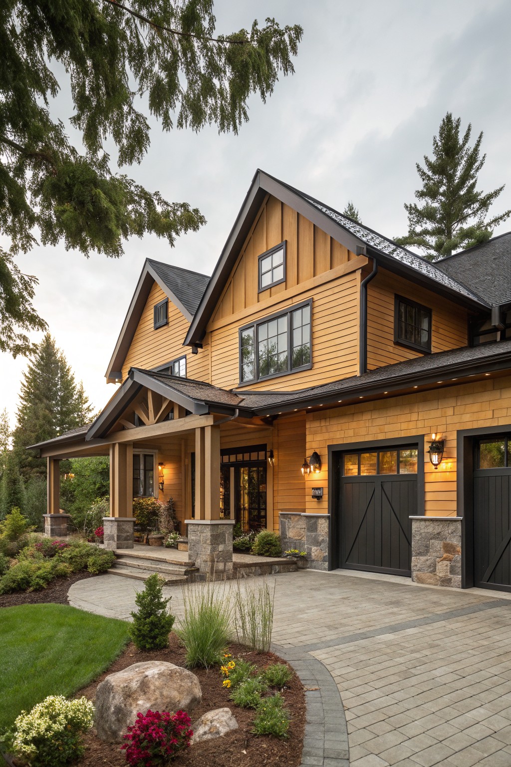 A two-story modern transitional farmhouse exterior with warm yellow-toned vertical wood siding, black-framed windows and trim, gabled dark roof, covered porch with timber beams, attached garage with black doors, stone accents, and surrounding landscaping with pathway.