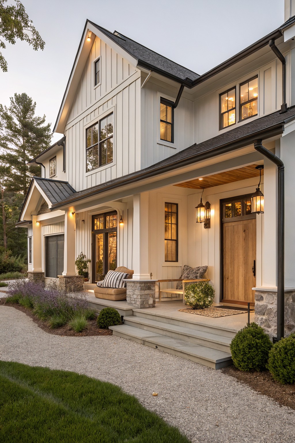 White board-and-batten farmhouse exterior with black roof and trim, deep covered front porch featuring wooden entry door, hanging lanterns, cushioned benches on stone bases, gravel path, and low plantings at dusk.