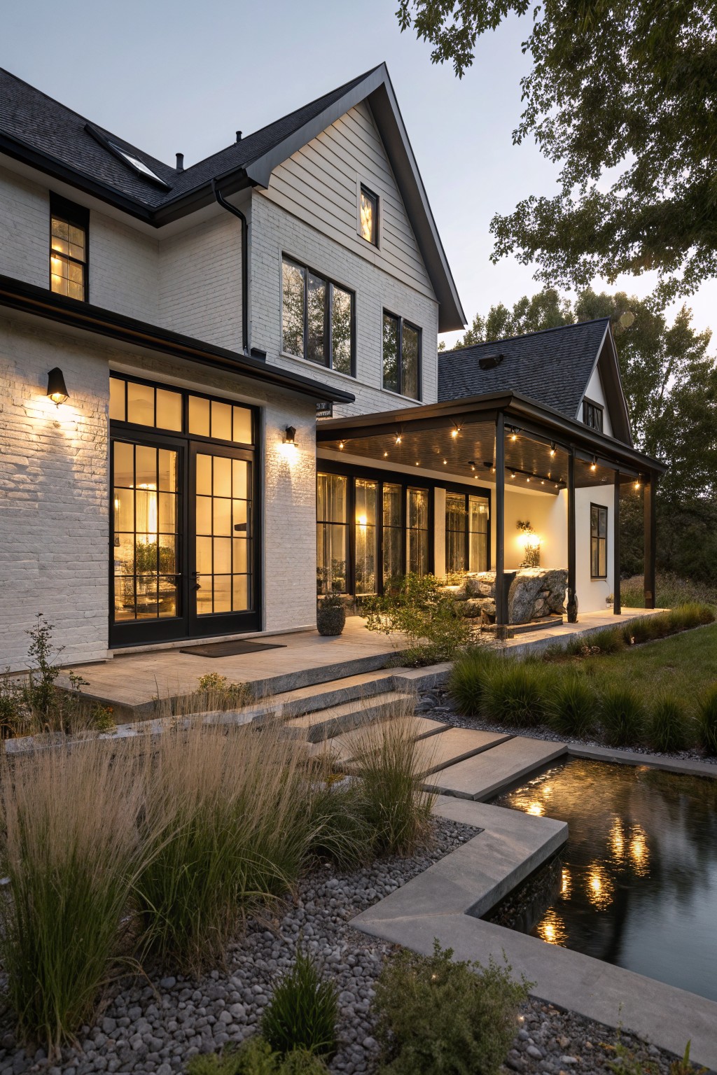 Side exterior view of a two-story white brick house with black metal-framed windows and doors, a covered porch with string lights and black posts, steps descending to a landscaped area with ornamental grasses, pebbles, and a small rectangular reflecting pool at twilight.