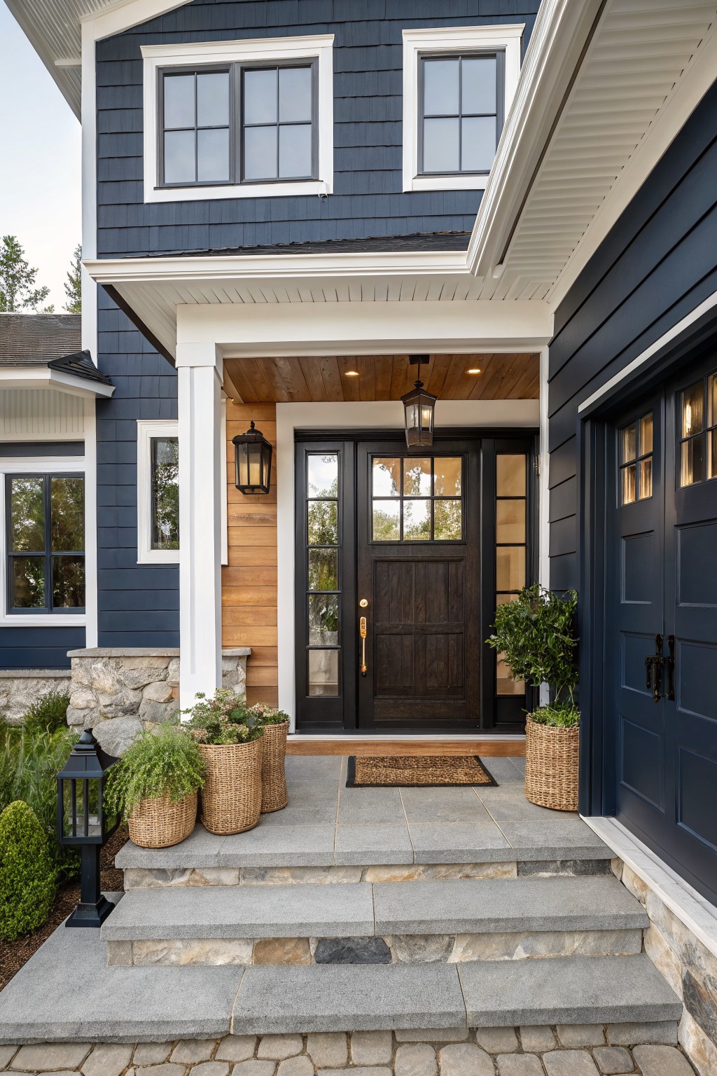 Two-story house exterior with navy blue shake siding, white trim, covered entry porch featuring wood ceiling and lanterns, glass-paneled dark wood front door, blue garage doors, stone steps, pavers, and potted plants.