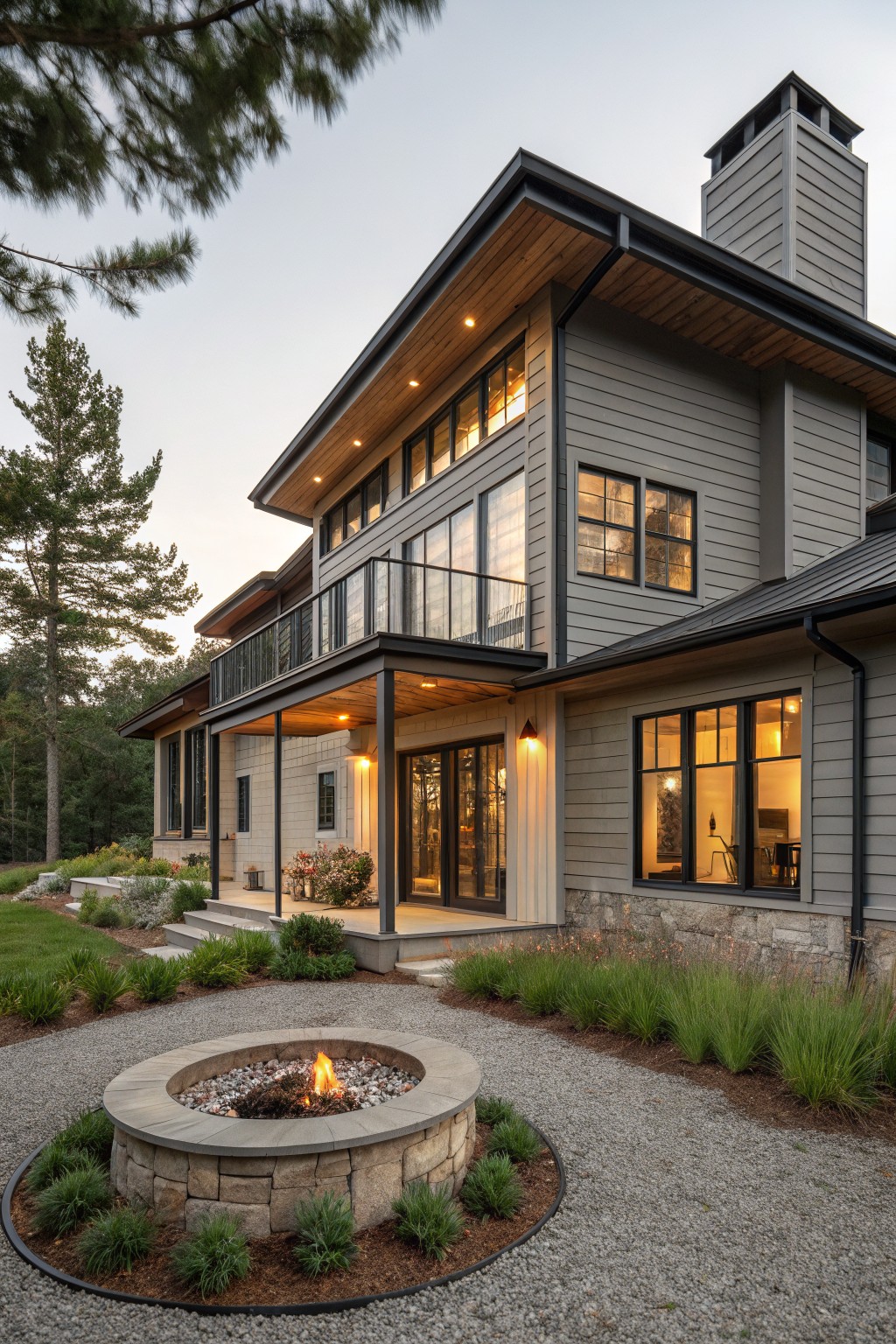 Side exterior view of a two-story house with gray siding, wood beam porch overhang, cantilevered balcony with glass railing, large black-framed windows, stone fire pit in gravel yard, and pine trees in background.