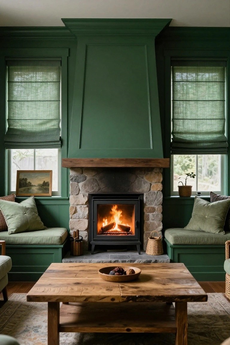 Living room featuring deep green paneled walls and tall fireplace surround, a black wood-burning stove set in a stone hearth, built-in green benches with cushions flanking the fireplace, wooden coffee table with bowl of nuts, linen Roman shades on windows, and a small landscape painting on the sill.
