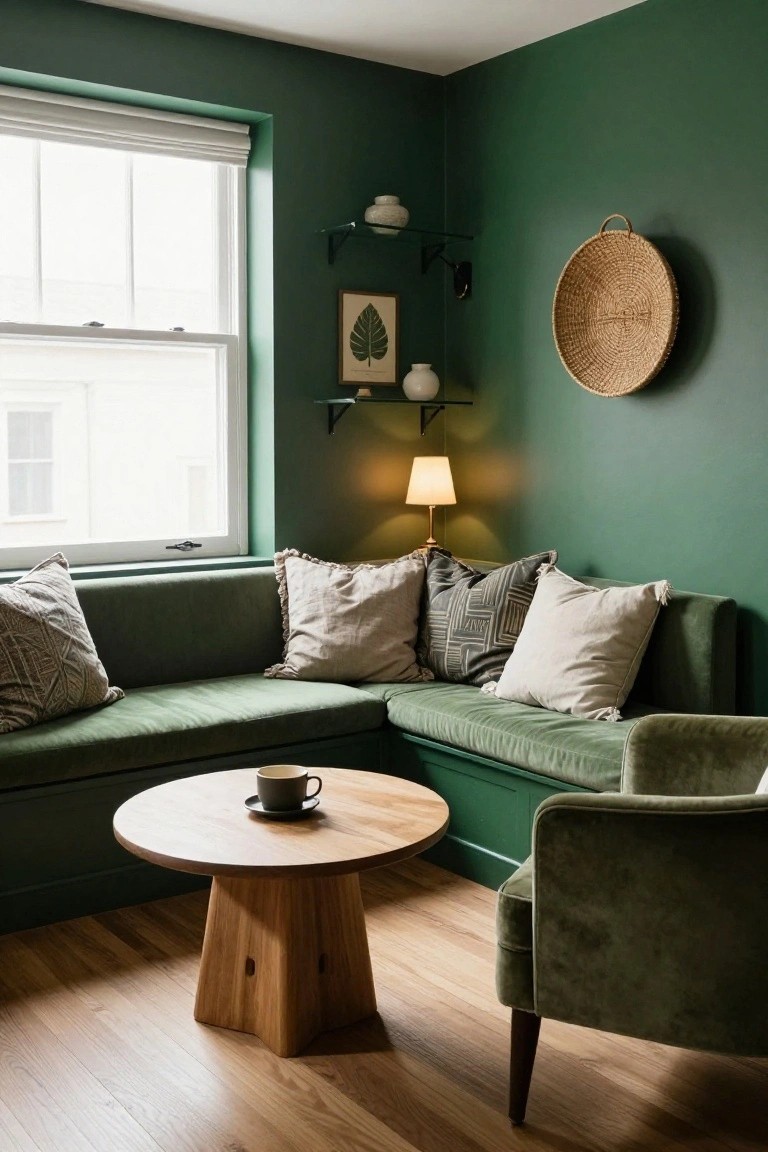 Corner of a deep green living room with L-shaped green velvet banquette, wooden pedestal table holding a teacup and saucer, matching green armchair, table lamp, window, shelf with ceramics, and woven wall basket.