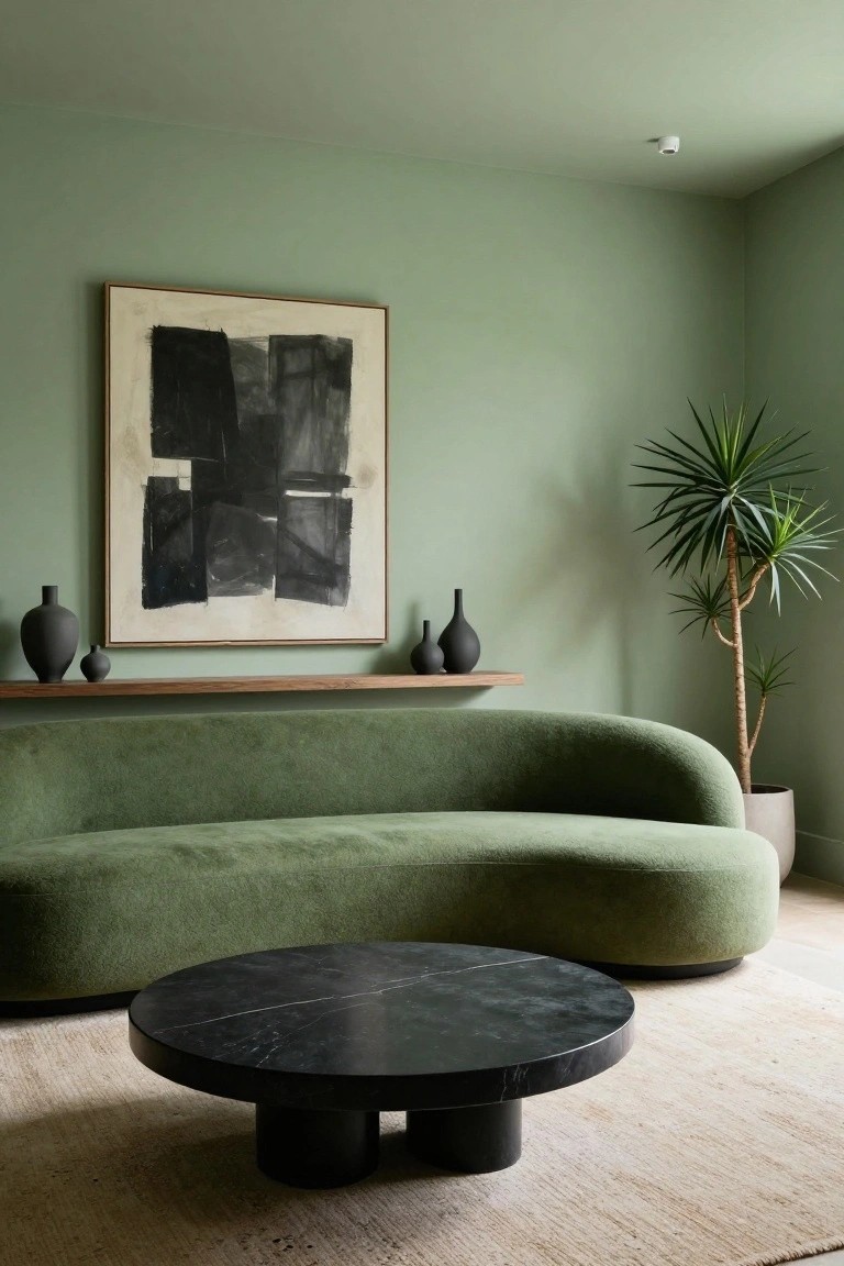 Sage green living room with curved green velvet sofa, black marble coffee table on legs, abstract black and white painting above wooden shelf with black vases, and tall palm plant in white pot.