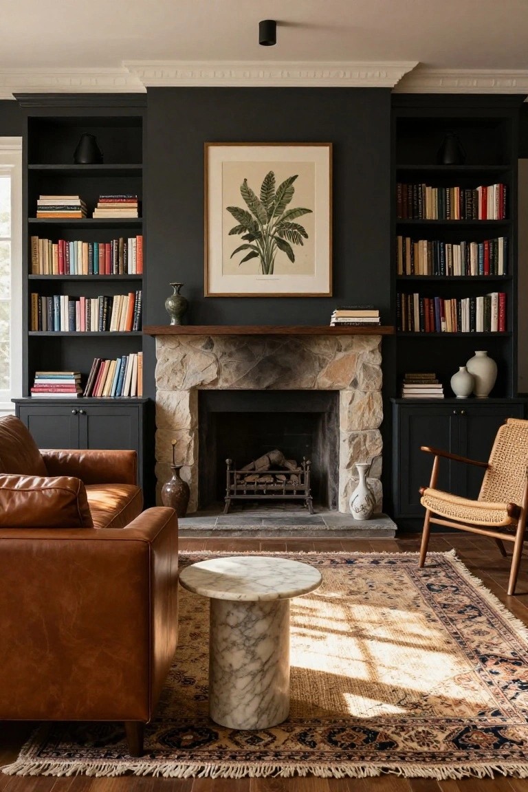 Living room with dark built-in bookshelves on both sides of a stone fireplace, brown leather sofa, rattan armchair, marble pedestal table, and patterned rug on wood floors.