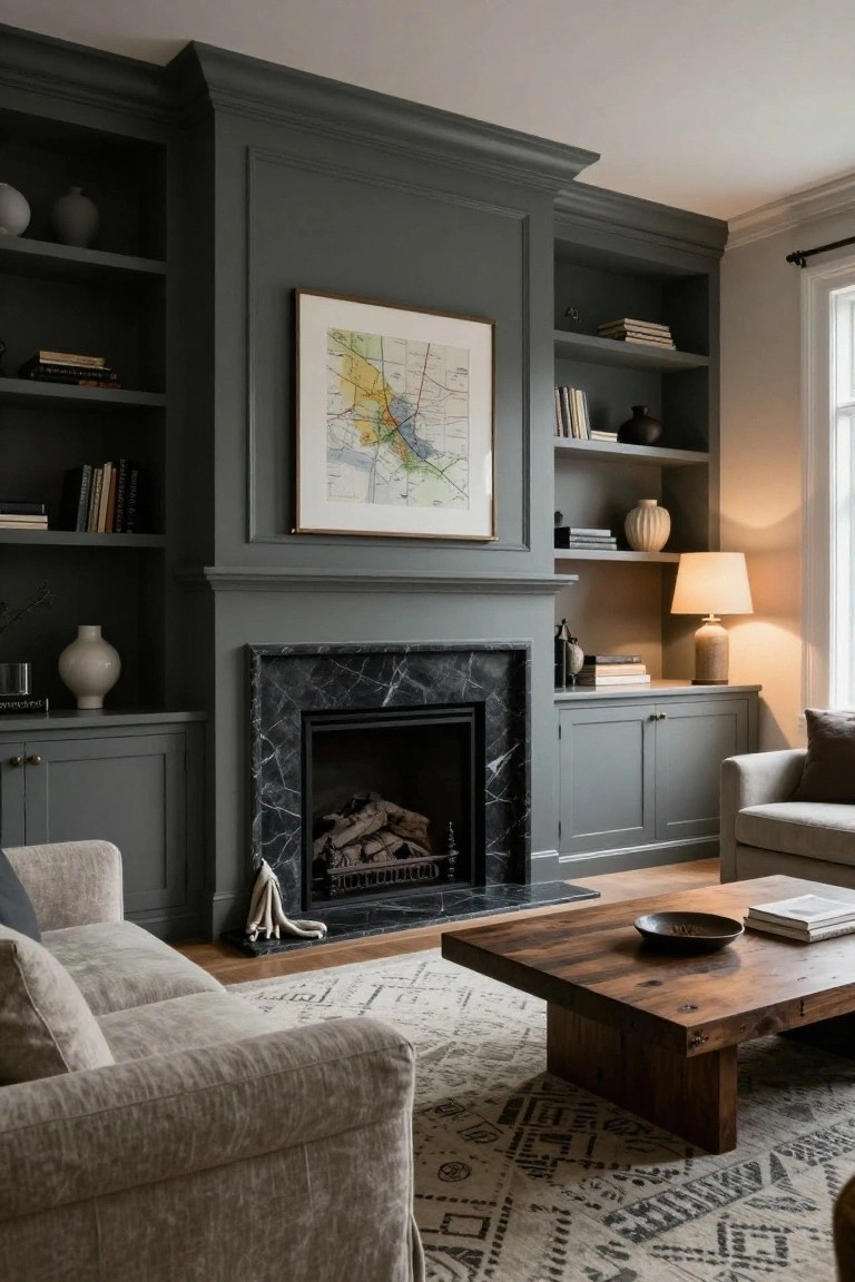 Living room with tall dark green built-in shelving and cabinets flanking a black marble fireplace, beige sofa, wooden coffee table, and large framed map on the wall.