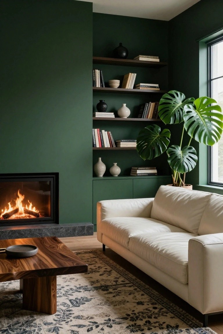 Living room corner with dark green walls, wooden floating shelves stocked with books and ceramics, modern black fireplace with burning logs, white sofa, live-edge walnut coffee table, patterned rug on wood floor, and large monstera plant by window.