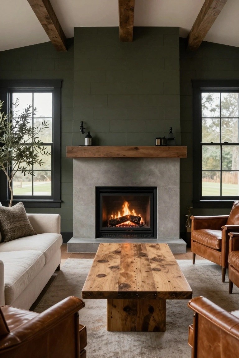 A living room with dark green rectangular tiled walls flanking a concrete fireplace with gas fire, wood mantel shelf, cream sofa, two tan leather armchairs, live-edge wood coffee table, and neutral area rug.