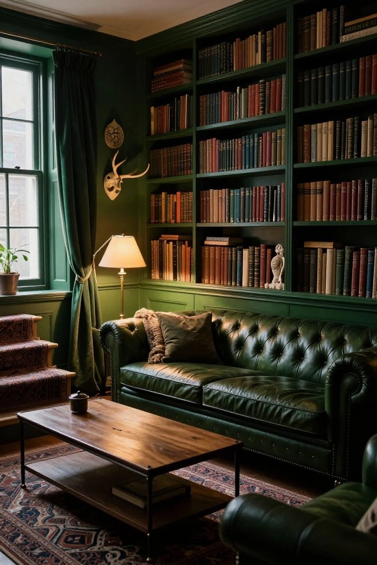 A green-paneled library room with floor-to-ceiling bookshelves filled with books, a green tufted leather Chesterfield sofa, wooden coffee table, arched floor lamp, and deer antlers on the wall.